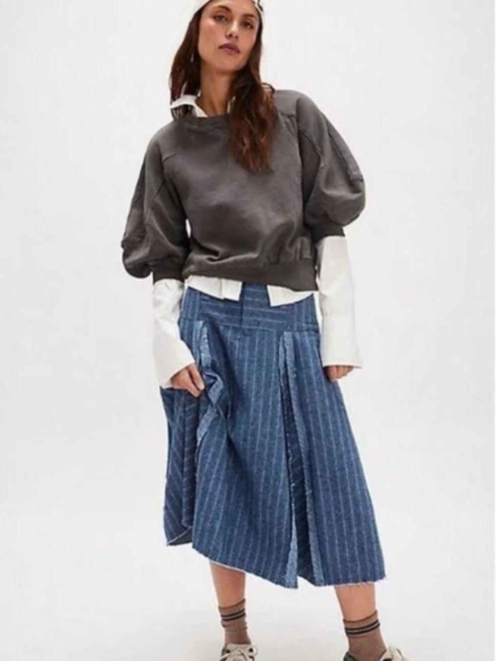 Free People Washed Black On It Sweatshirt Top Ribbed Balloon Sleeve S